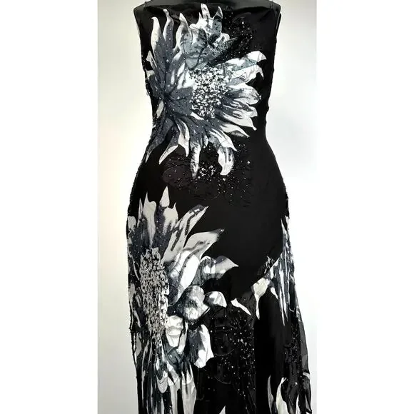 Cache Rare Vintage 90s Beaded Floral Print Silk Dress - Picture 5 of 11